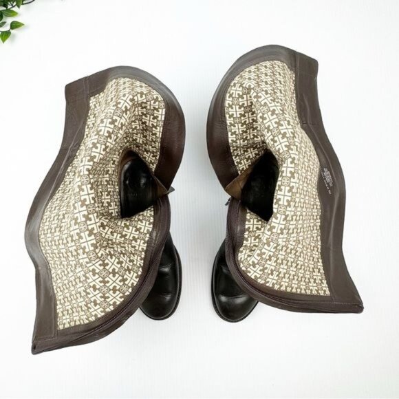 Tory Burch The Eloise Tall logo Riding Boot Leather Deep Brown w Gold details 7 - Picture 9 of 11